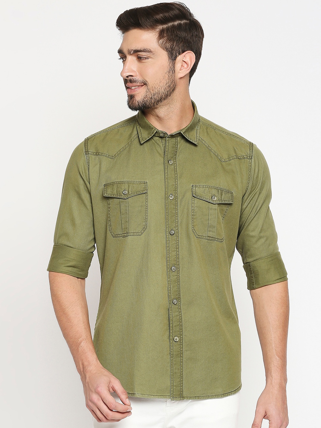 

EVOQ Men Green Solid Standard Opaque Cotton Casual Shirt