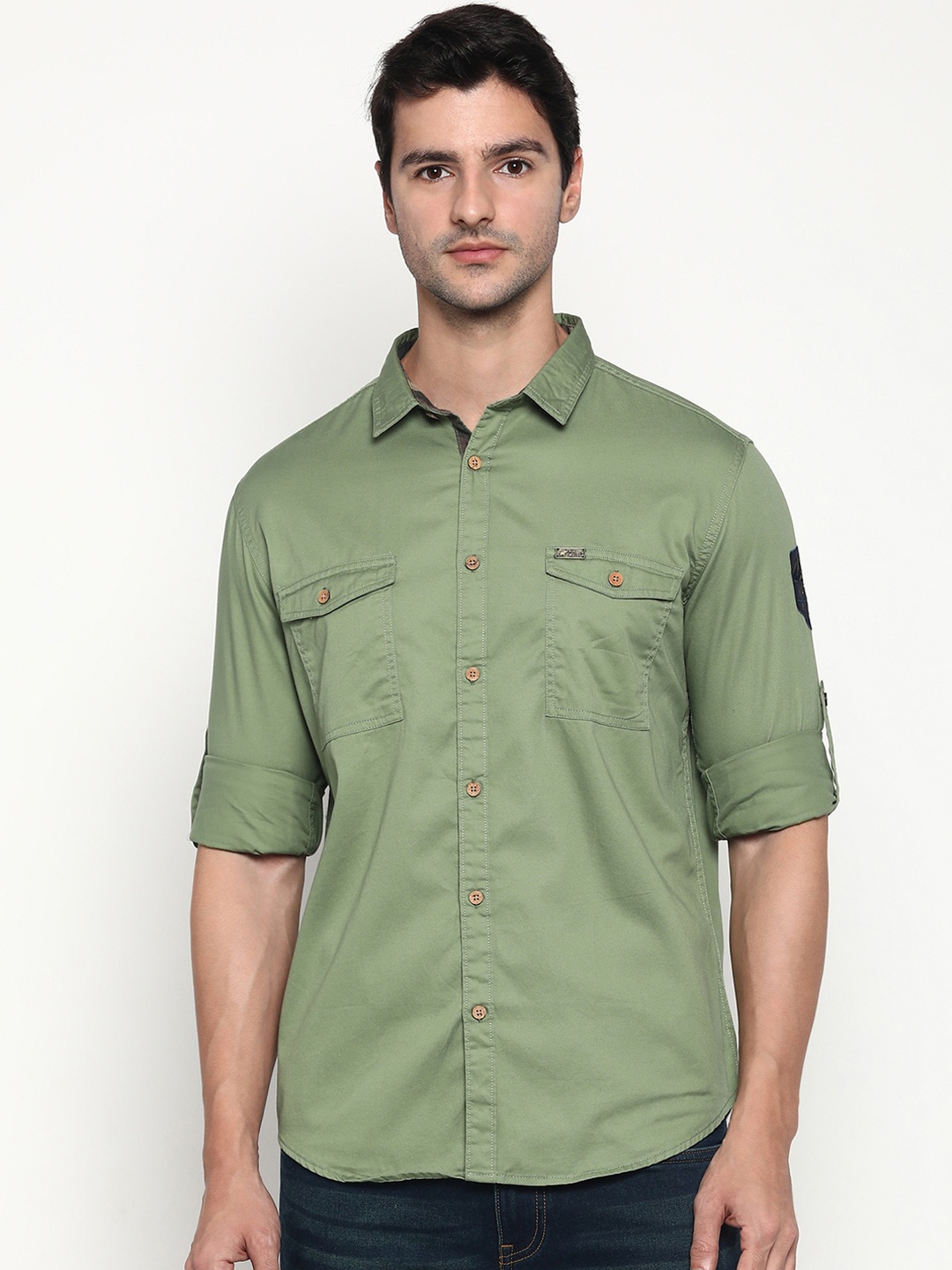 

RUG WOODS Men Olive Green Opaque Casual Shirt