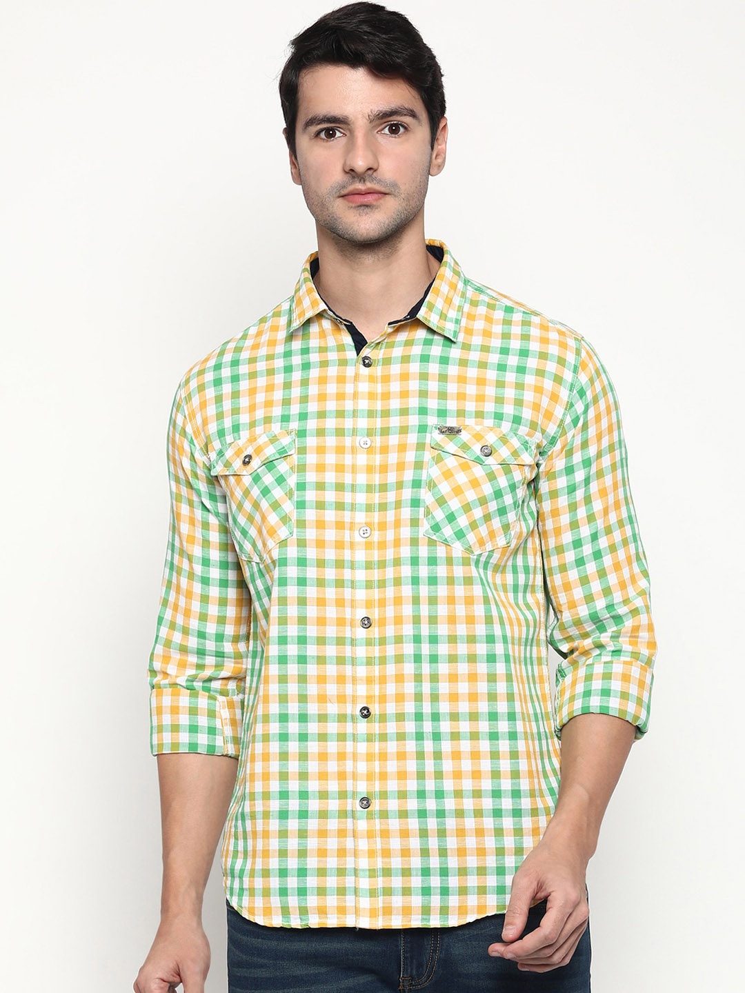 

RUG WOODS Men Yellow Gingham Checks Opaque Checked Cotton Casual Shirt