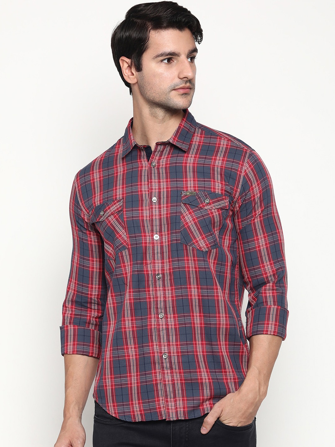

RUG WOODS Men Red Tartan Checks Opaque Checked Casual Shirt