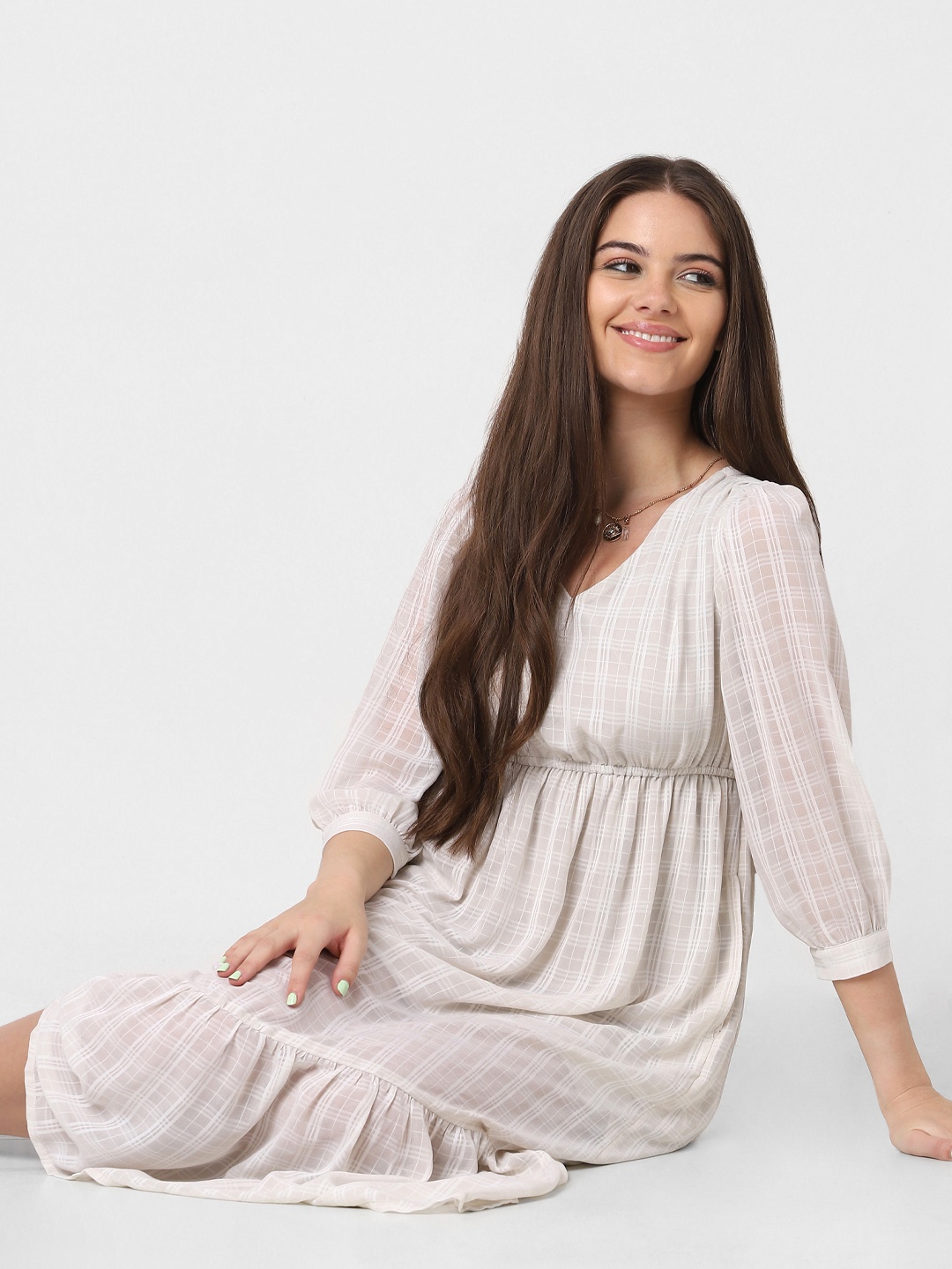 

ONLY Beige Checked Midi Dress