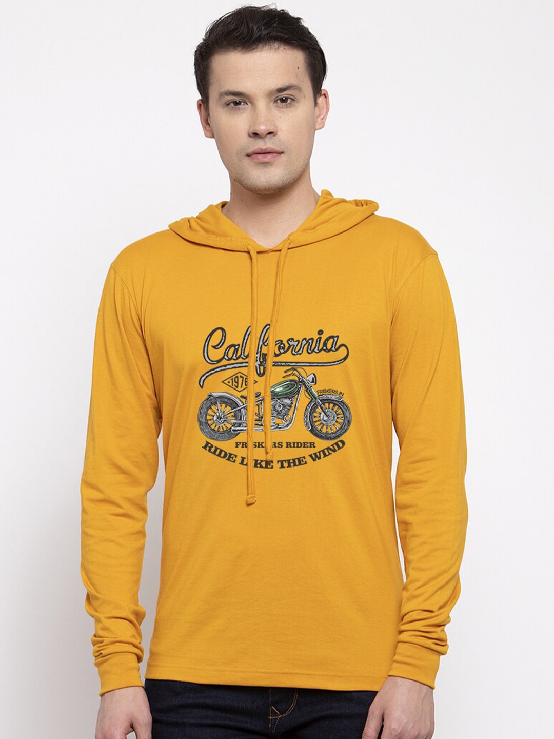 

Friskers Men Mustard Yellow California Biker Printed Hooded Cotton T-shirt