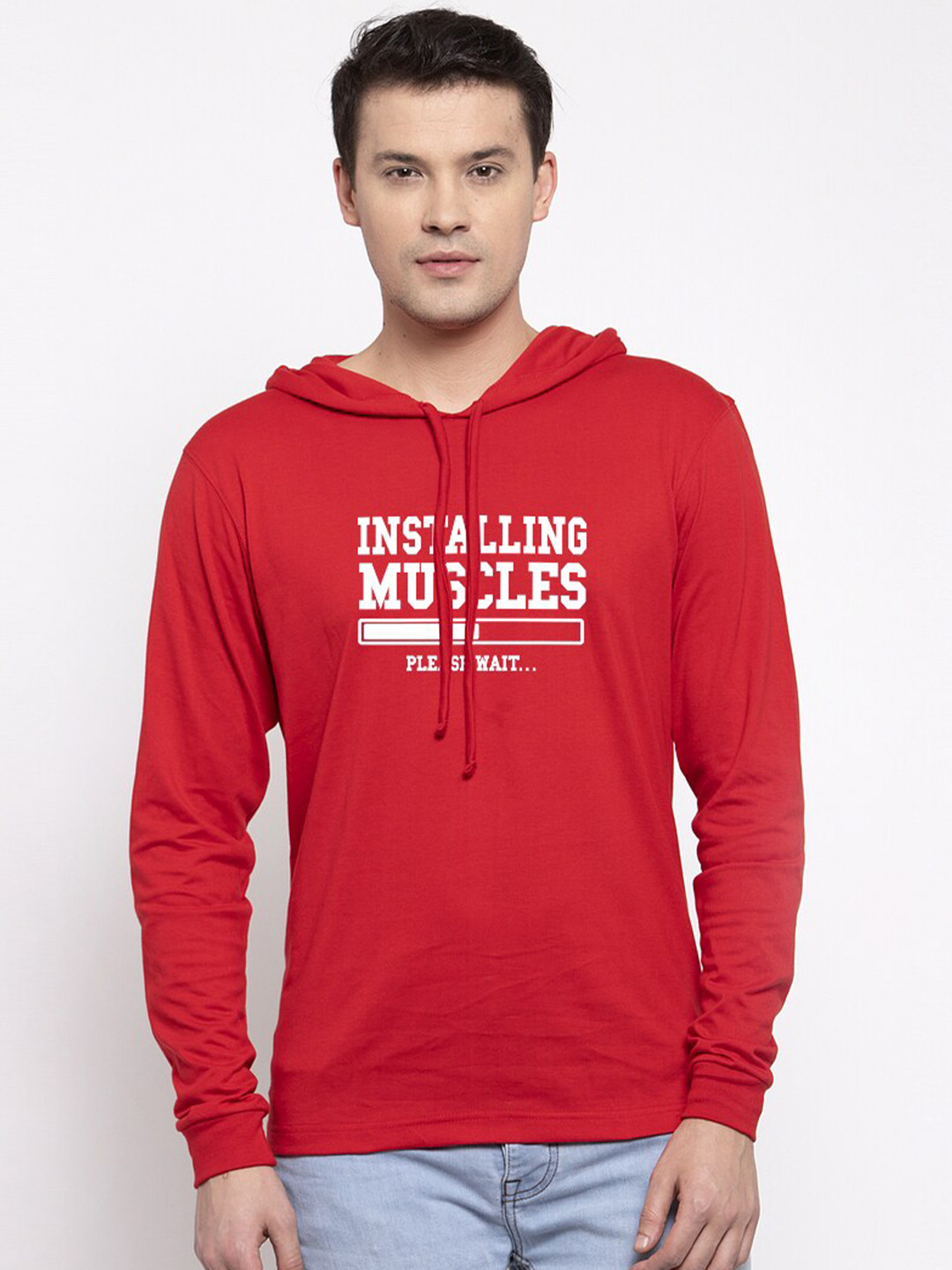 

Friskers Men Red Typography Printed Hooded T-shirt