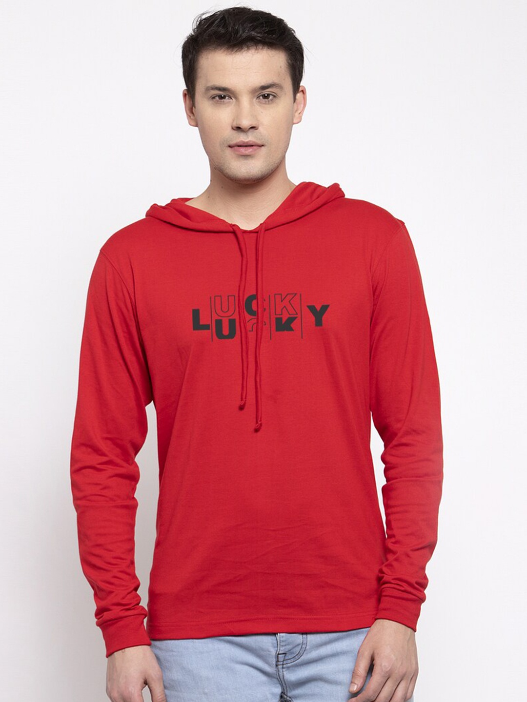 

Friskers Men Red Hooded Cotton T-shirt