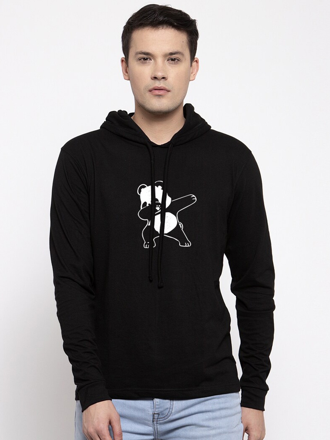

Friskers Men Black Panda Printed Hooded Cotton T-shirt