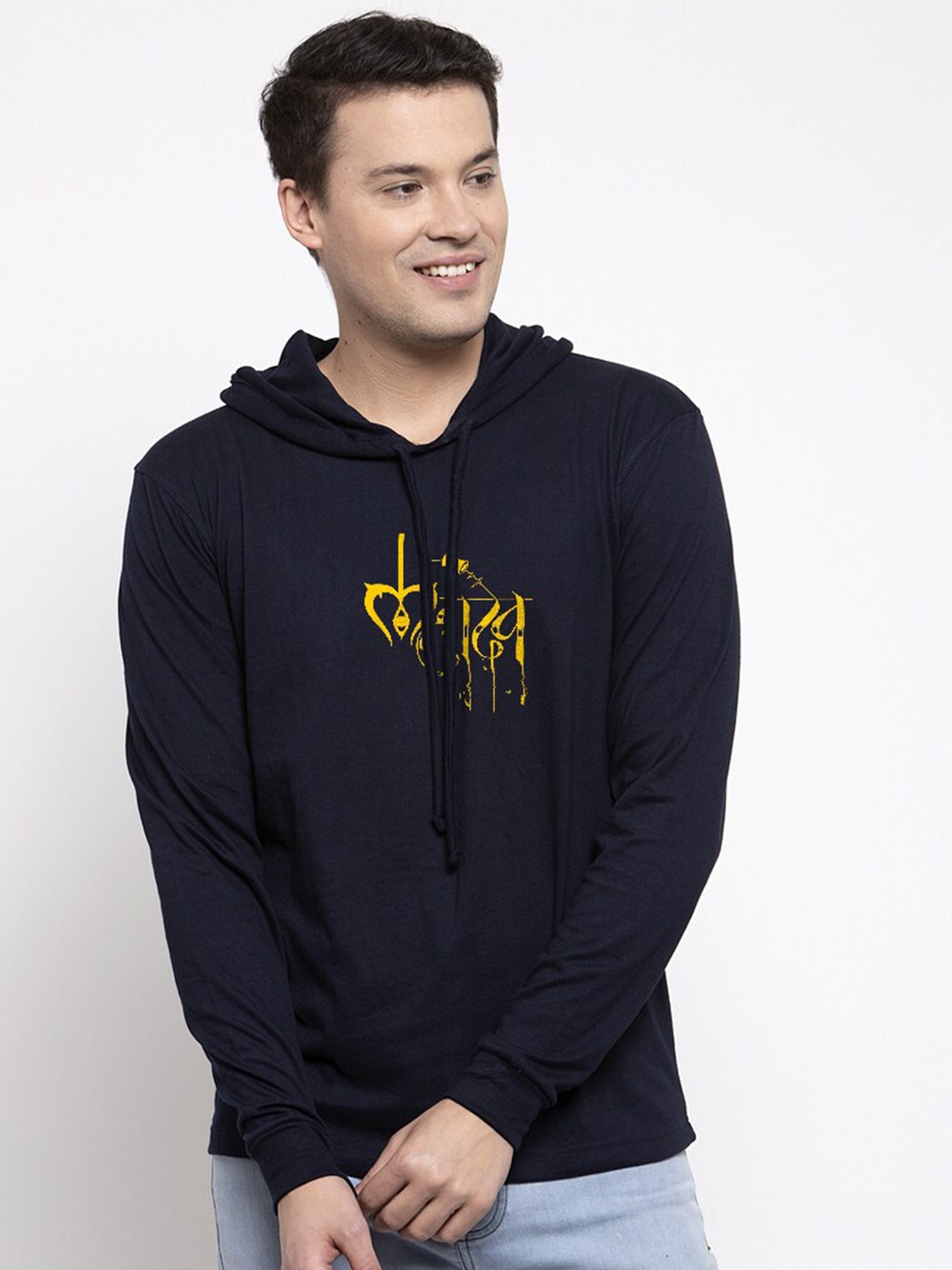 

Friskers Men Navy Blue & Yellow Typography Printed T-shirt