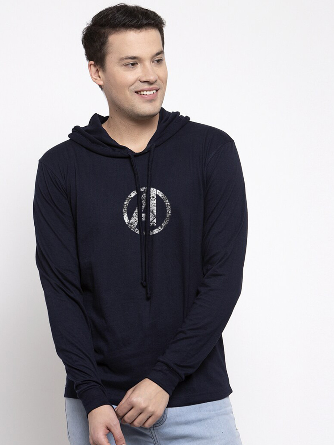 

Friskers Men Navy Blue Avengers Printed Hooded Cotton T-shirt