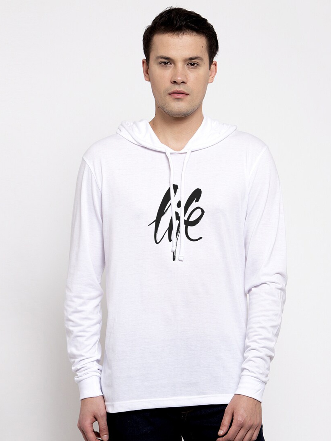 

Friskers Men White Life Printed Hooded Cotton T-shirt