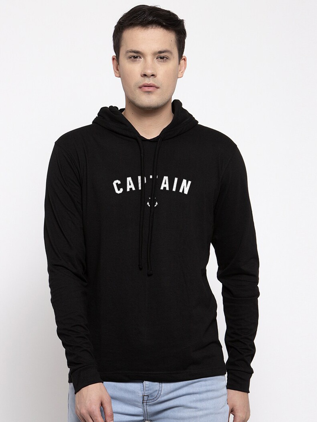 

Friskers Men Black Captain Printed Cotton Hooded T-shirt