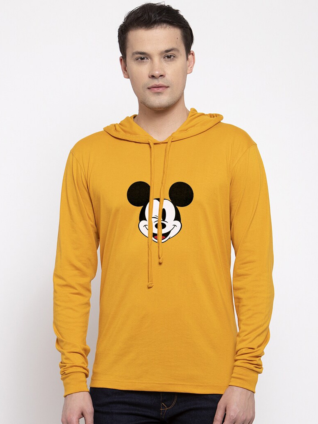 

Friskers Men Gold-Toned Mickey Mouse Printed Hooded T-shirt