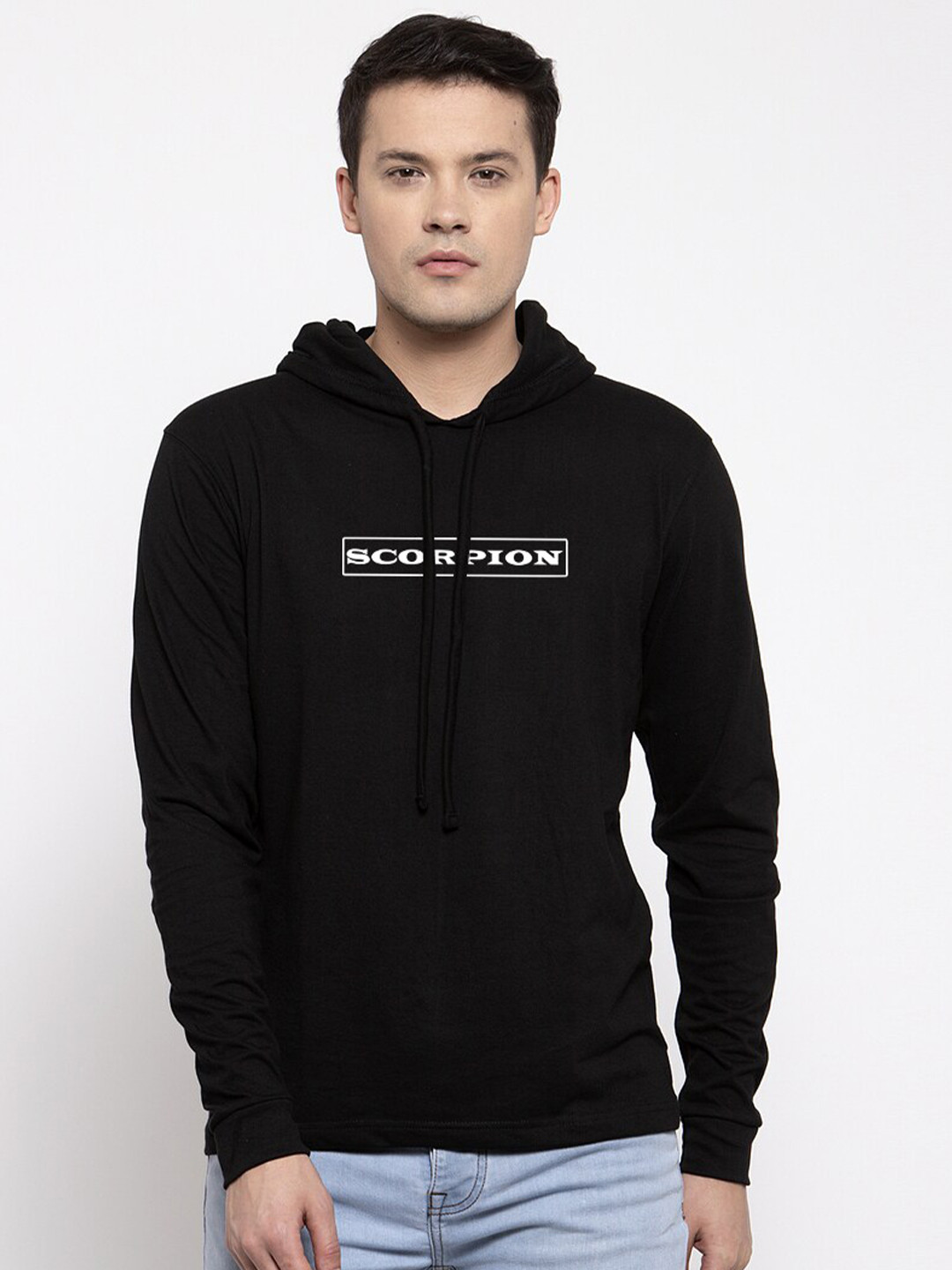 

Friskers Men Black Scorpion Printed Cotton Hooded T-shirt
