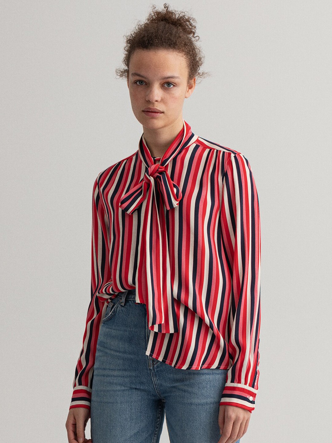 

GANT Pink & Navy Blue Striped Tie-Up Neck Shirt Style Top