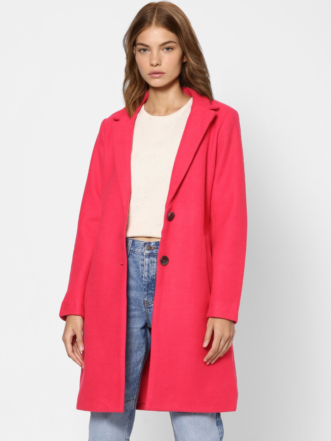 

ONLY Women Pink Solid Longline Trench Coat