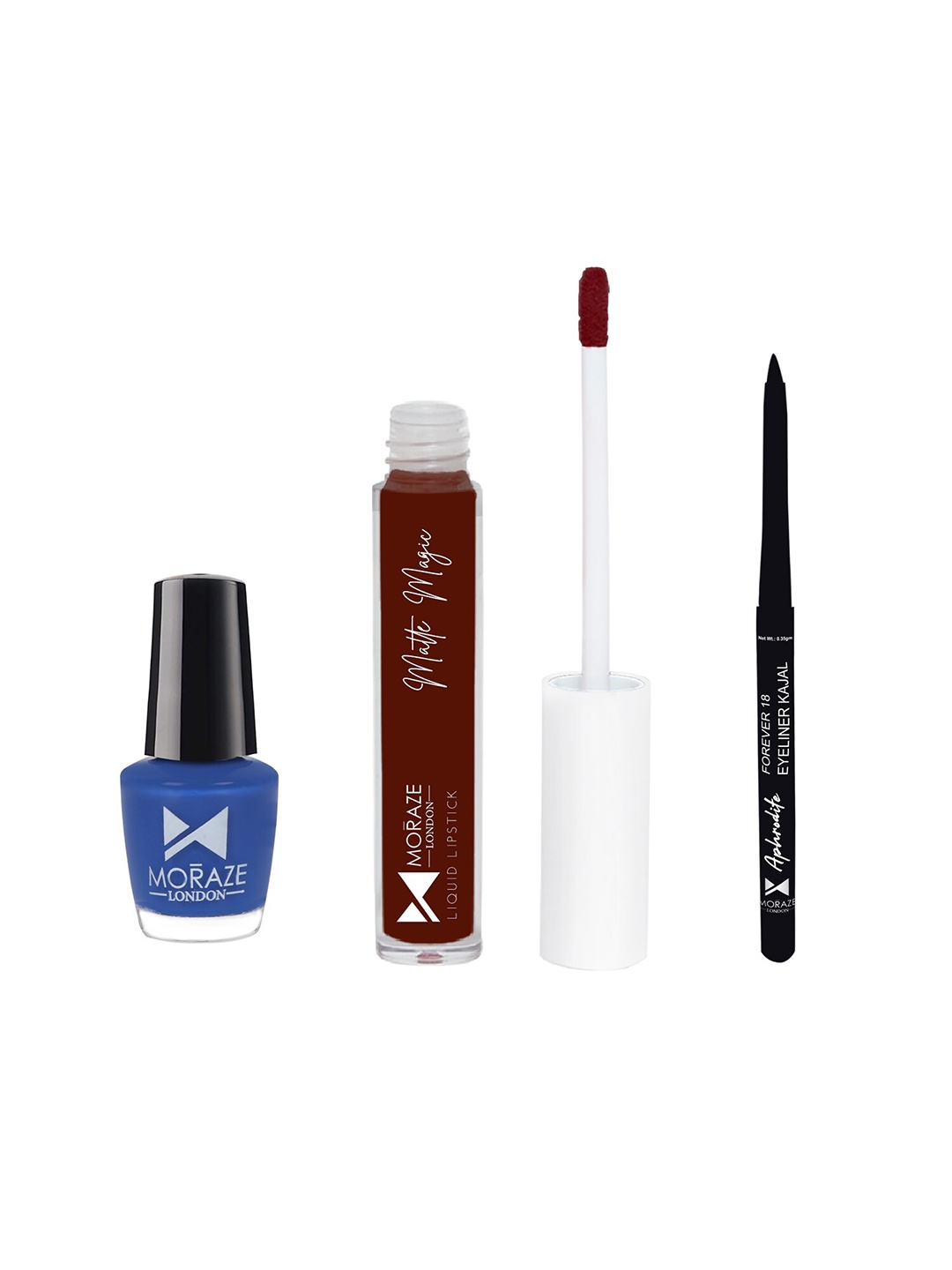 

Moraze Set Of 1 Blue Nail Polish With 1 Maroon Liquid Lipstick & 1 Kajal