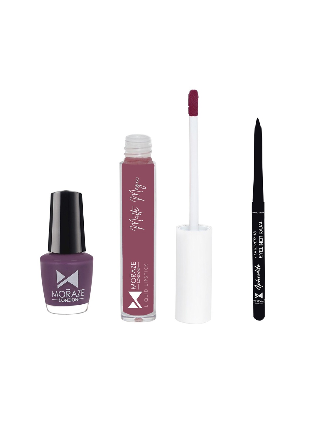 

Moraze Set Of 1 Purple Nail Polish With 1 Pink Liquid Lipstick & 1 Kajal