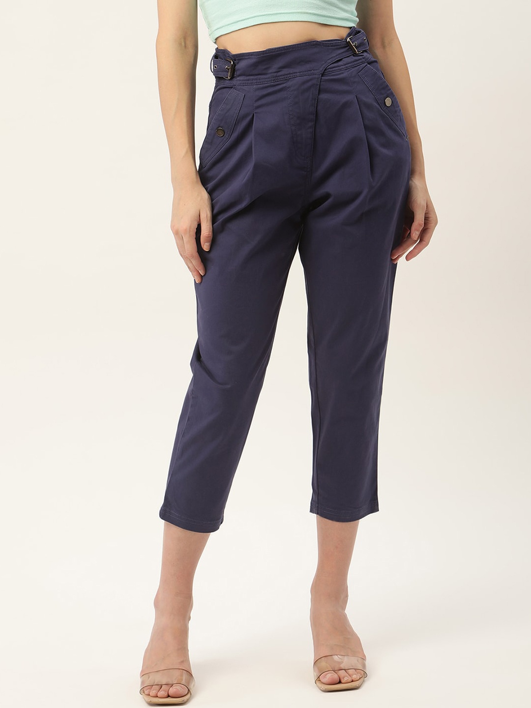 

ELLE Women Navy Blue Solid Pleated Peg Trousers
