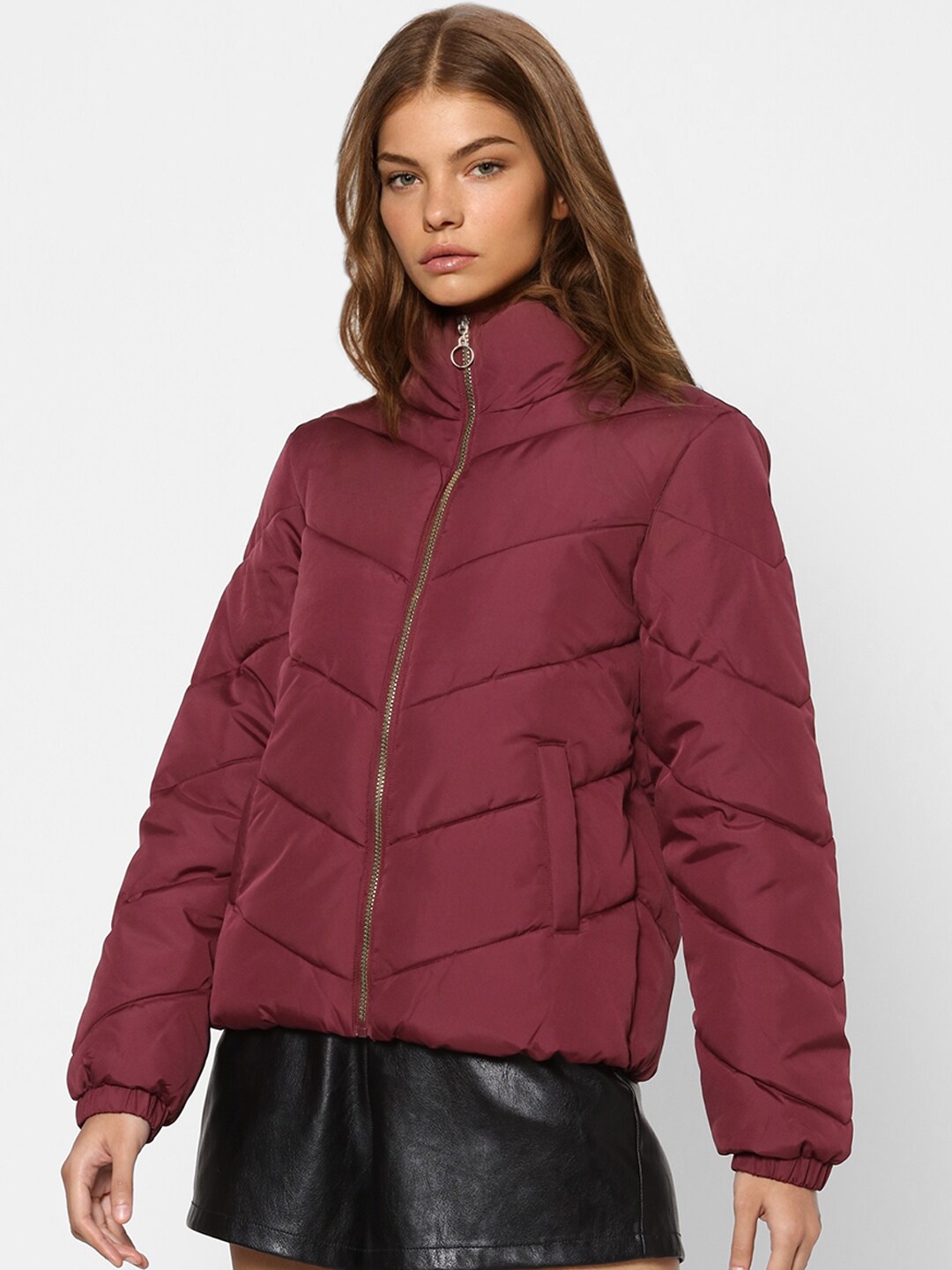 

ONLY Women Maroon Striped Padded Jacket