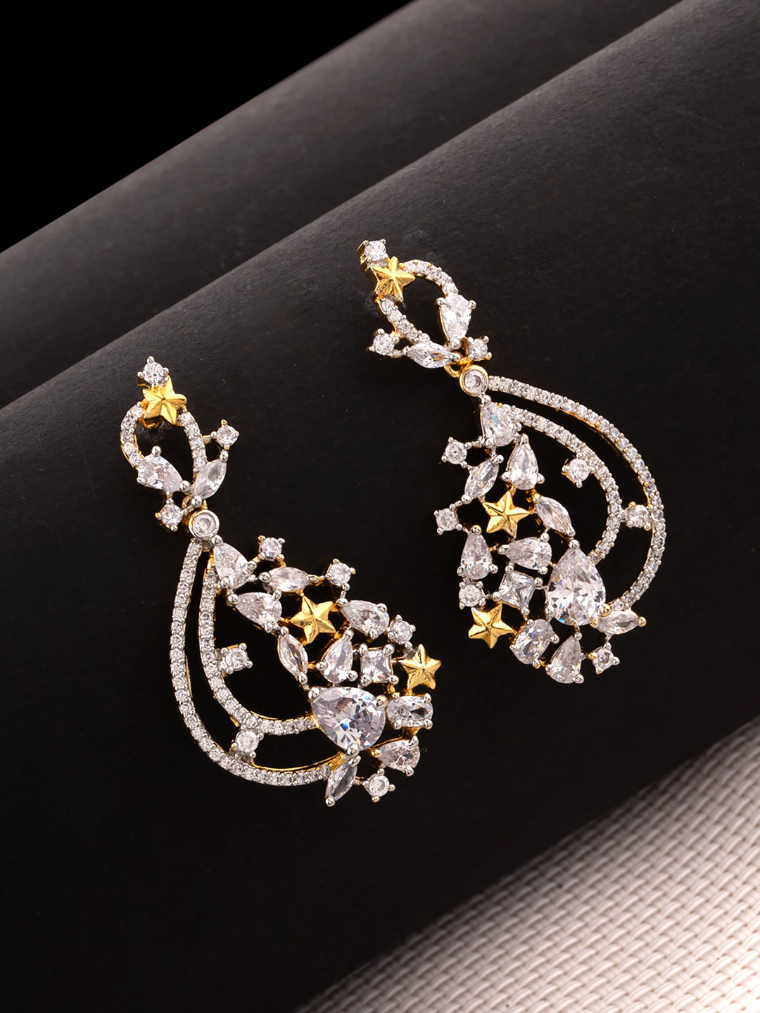 

Studio Voylla Gold-Plated White CZ Studded Geometric Drop Earrings