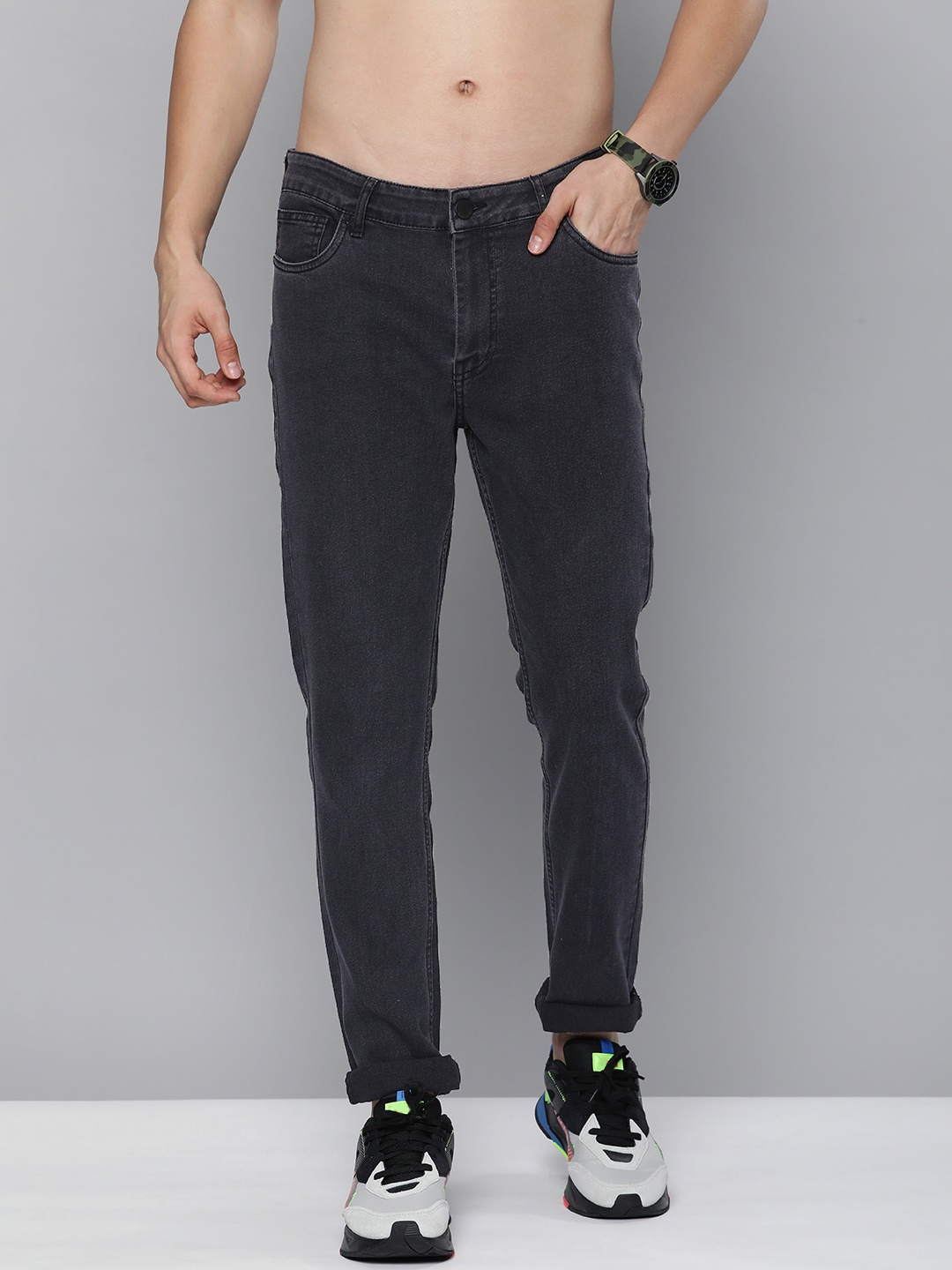 

HERE&NOW Men Charcoal Black Heavy Regular Fit Fade Stretchable Jeans