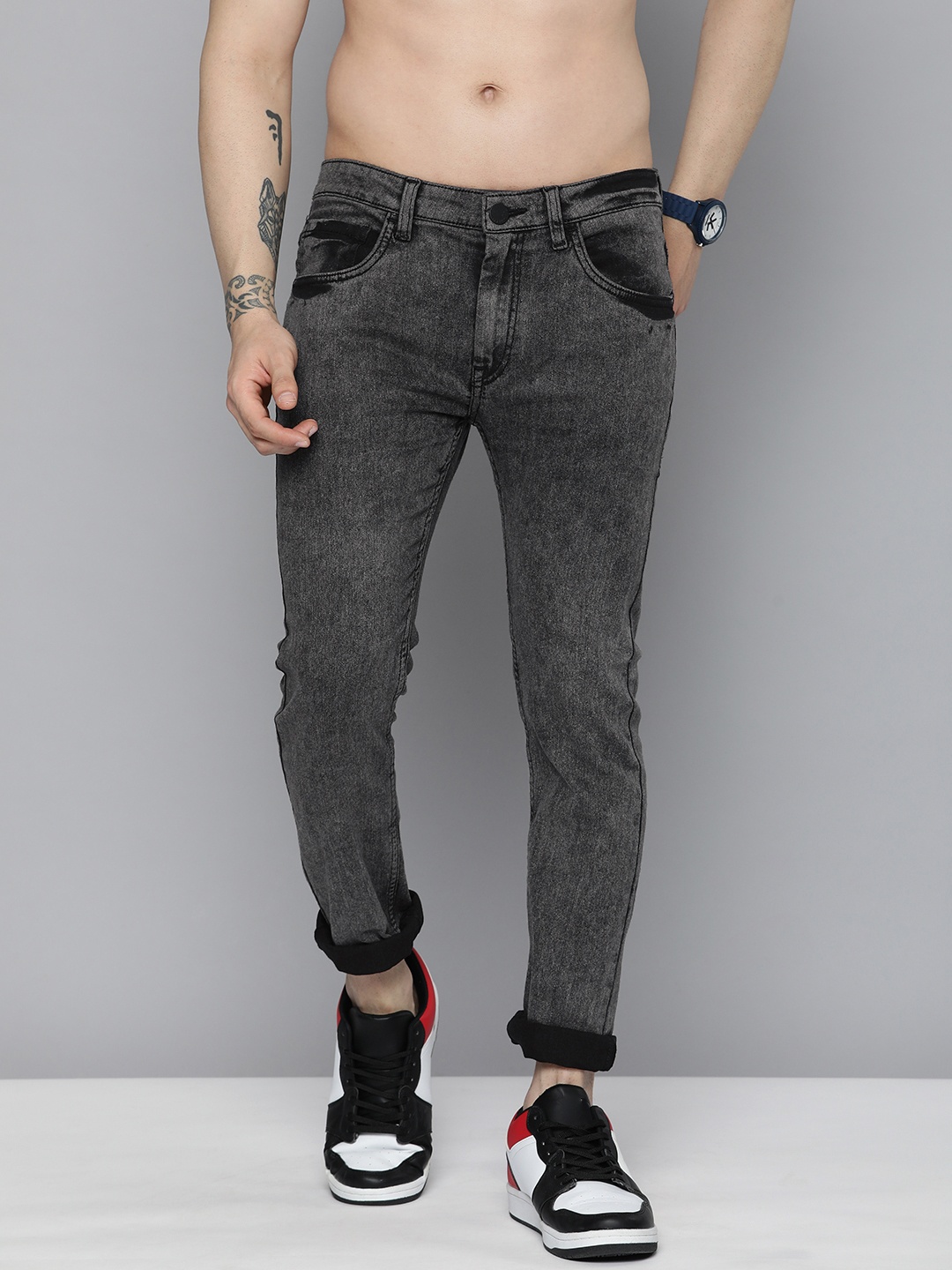 

HERE&NOW Men Skinny Fit Heavy Fade Acid Wash Stretchable Jeans, Grey