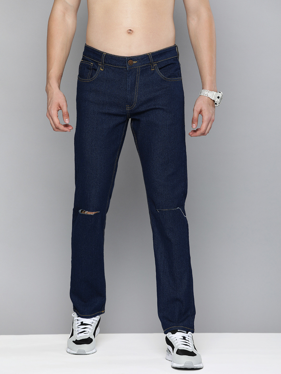 

HERE&NOW Men Indigo Solid Slim Fit Slash Knee Stretchable Jeans, Blue