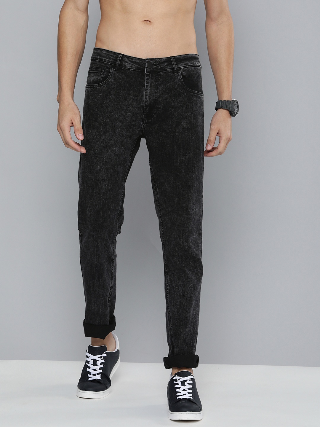 

HERE&NOW Men Charcoal Grey Slim Fit Mid-Rise Light Fade Acid Wash Jeans
