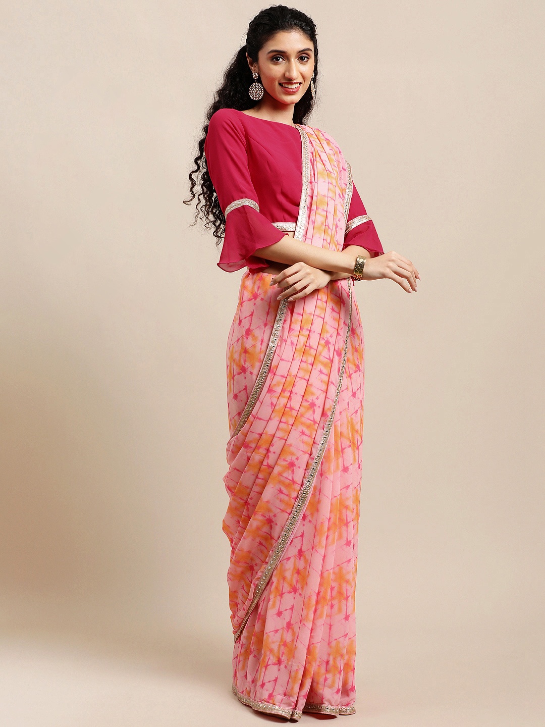 

Ethnovog Pink Geometric Digital Printed Georgette Saree