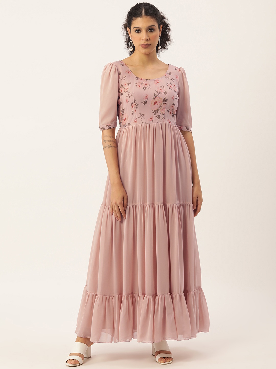 

Ethnovog Pink Floral Tiered Maxi Dress