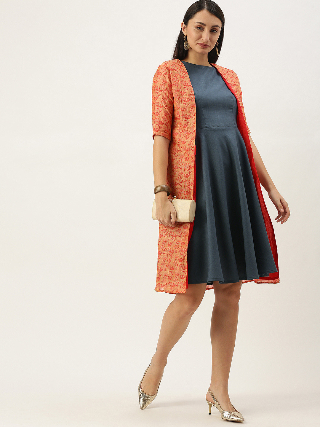 

Ethnovog Grey Red Solid Made To Measure A-Line Dress Chanderi Jacket