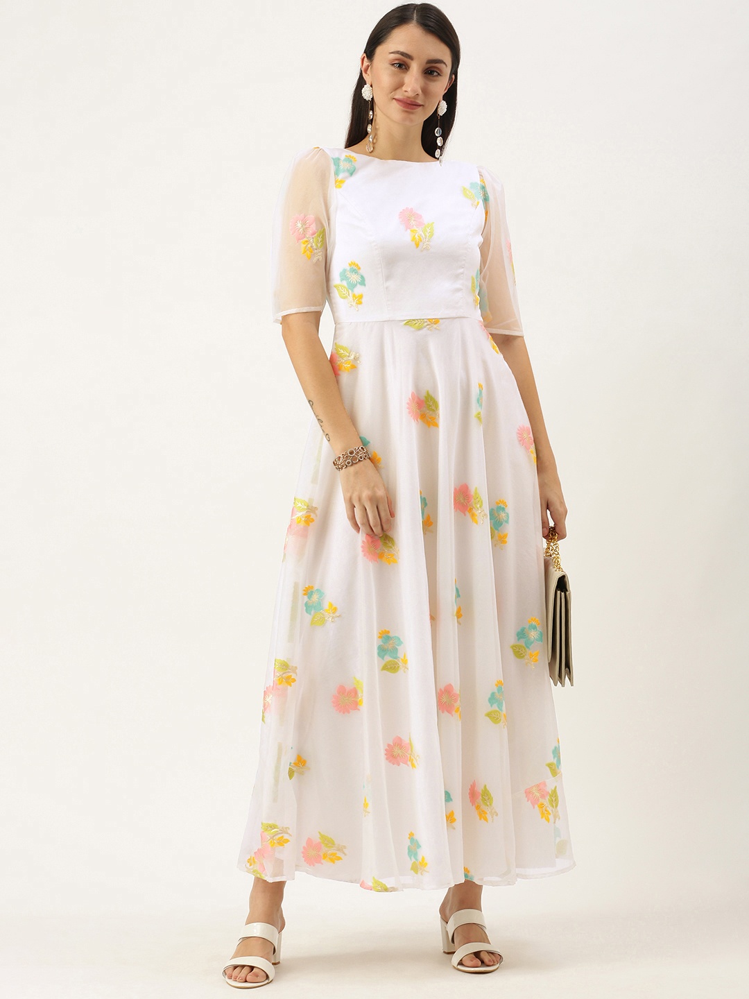 

Ethnovog Off White Floral Print Made To Measure Maxi Dress