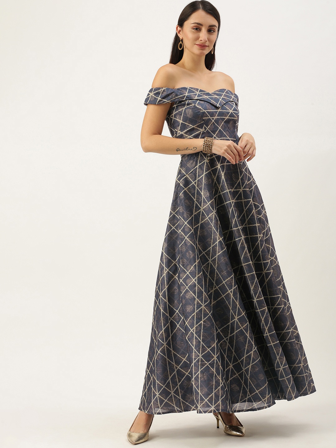 

Ethnovog Blue Printed Off-Shoulder Made To Measure Maxi Dress