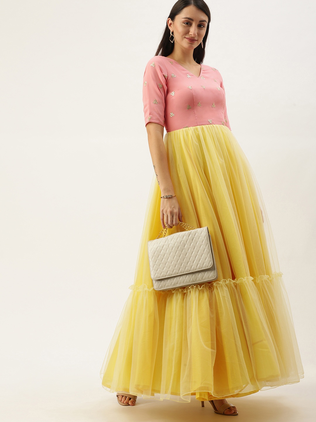 

EthnoVogue Yellow & Pink Floral Sequined Made To Measure Net Tired Gown