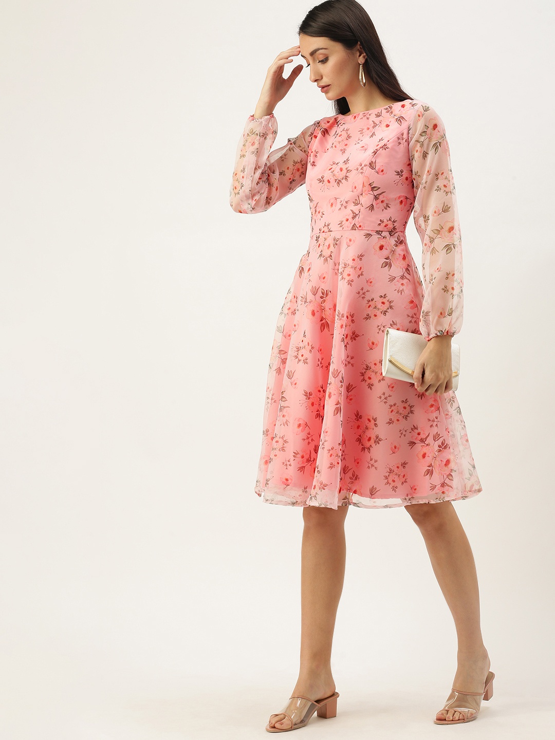 

Ethnovog Pink Floral Print Made To Measure Fit Flare Dress