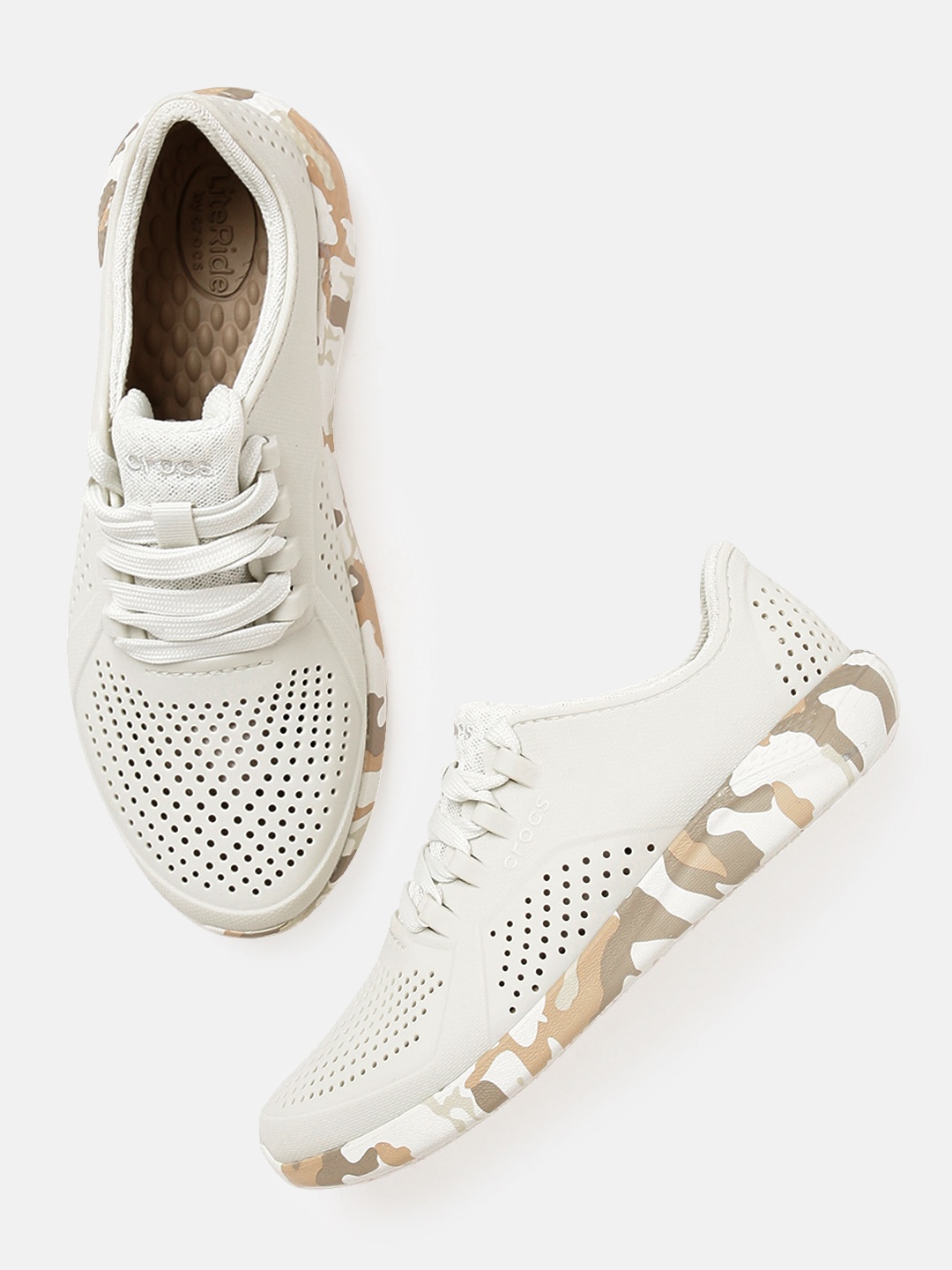 

Crocs Women Off White LiteRide Pacer Printed Camo Perforations Sneakers
