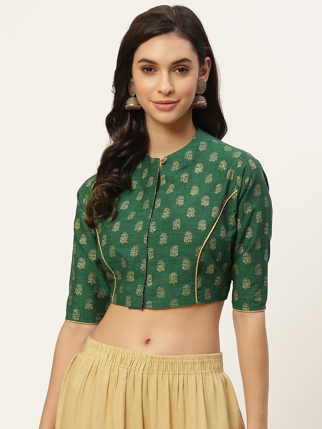 

tantkatha Women Green & Golden Ethnic Printed Pure Cotton Saree Blouse