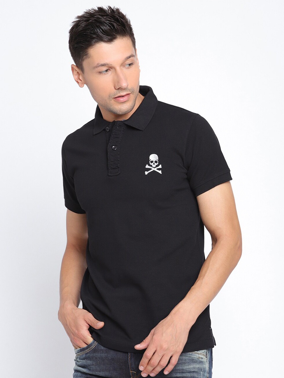 

PUNK Men Black Polo Collar Cotton T-shirt