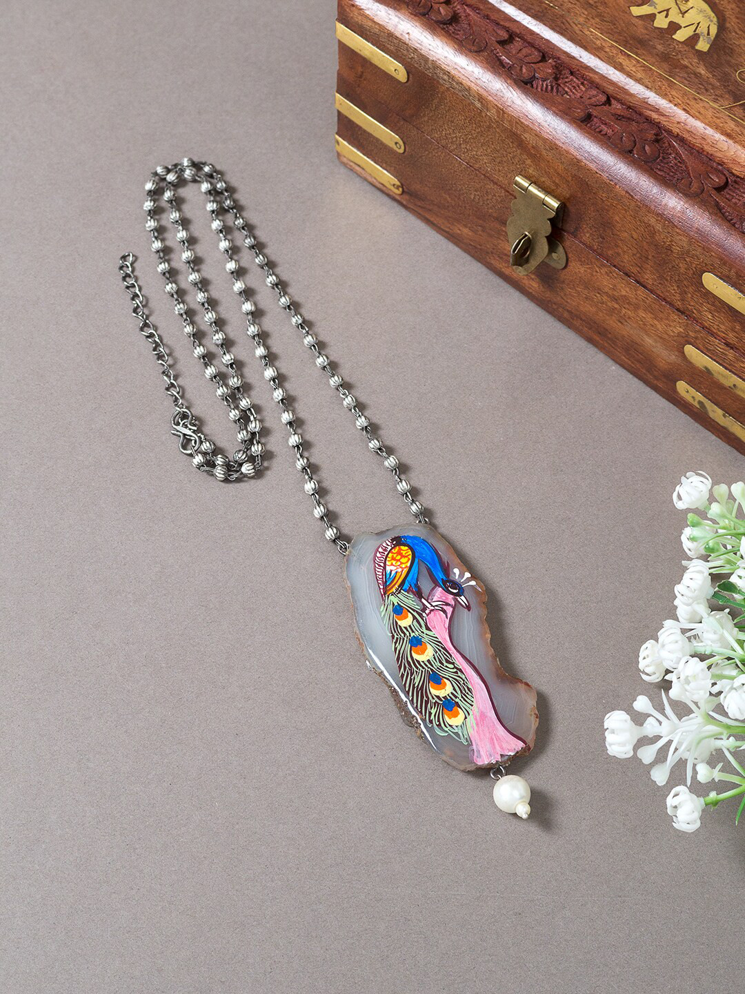 

Golden Peacock Silver-Toned & Pink Peacock Design Hand Painted Necklace