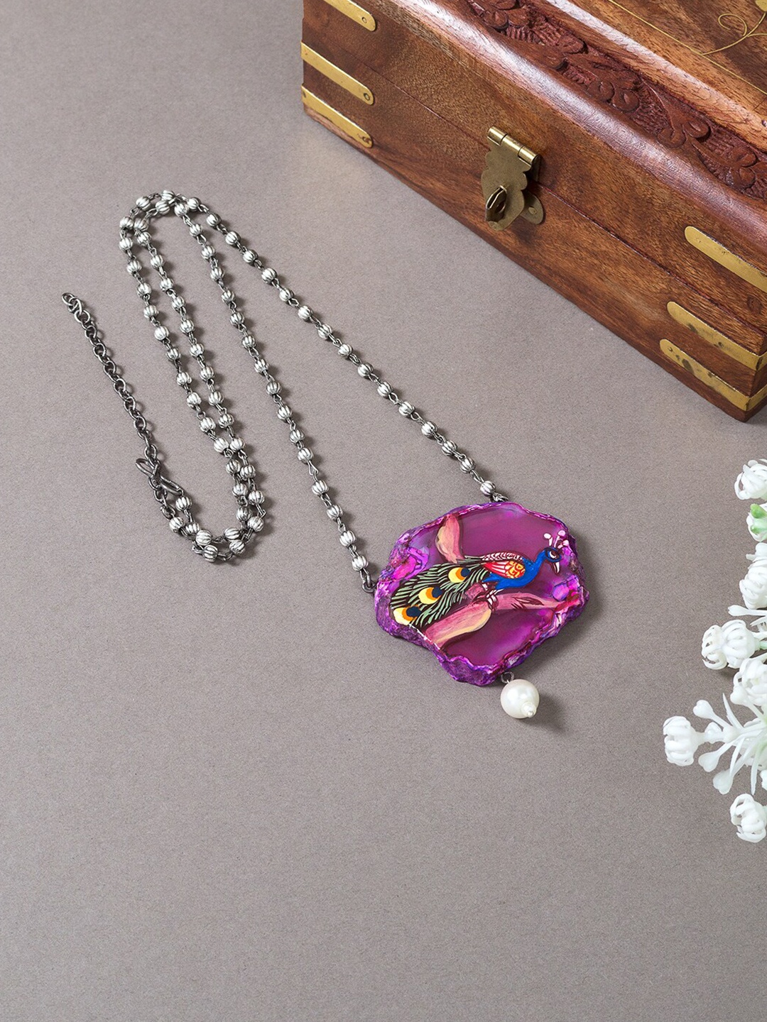 

Golden Peacock Silver-Toned & Purple Peacock Hand Painted Necklace
