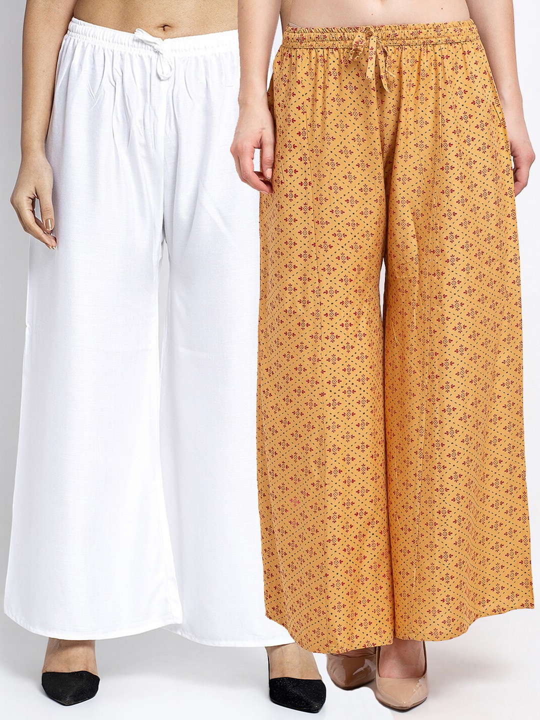 

GRACIT Women Pack Of 2 White & Gold-Toned Floral Printed Knitted Ethnic Palazzos