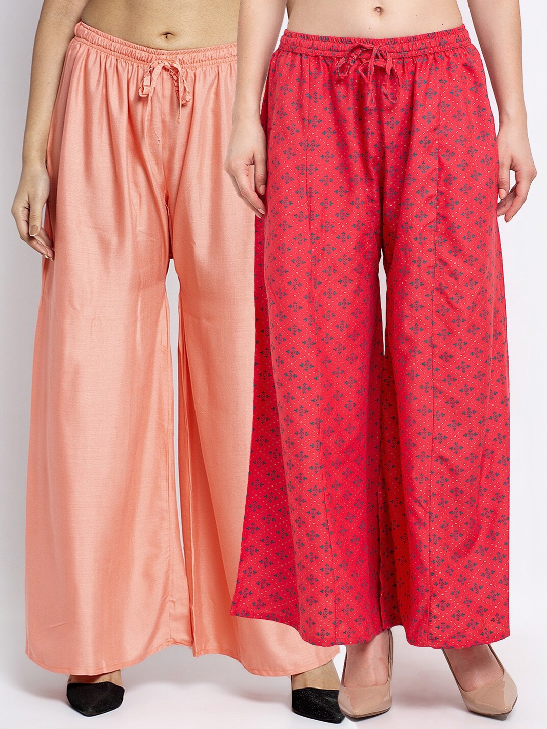 

GRACIT Women Pack of 2 Peach-Coloured & Magenta Floral Printed Knitted Ethnic Palazzos