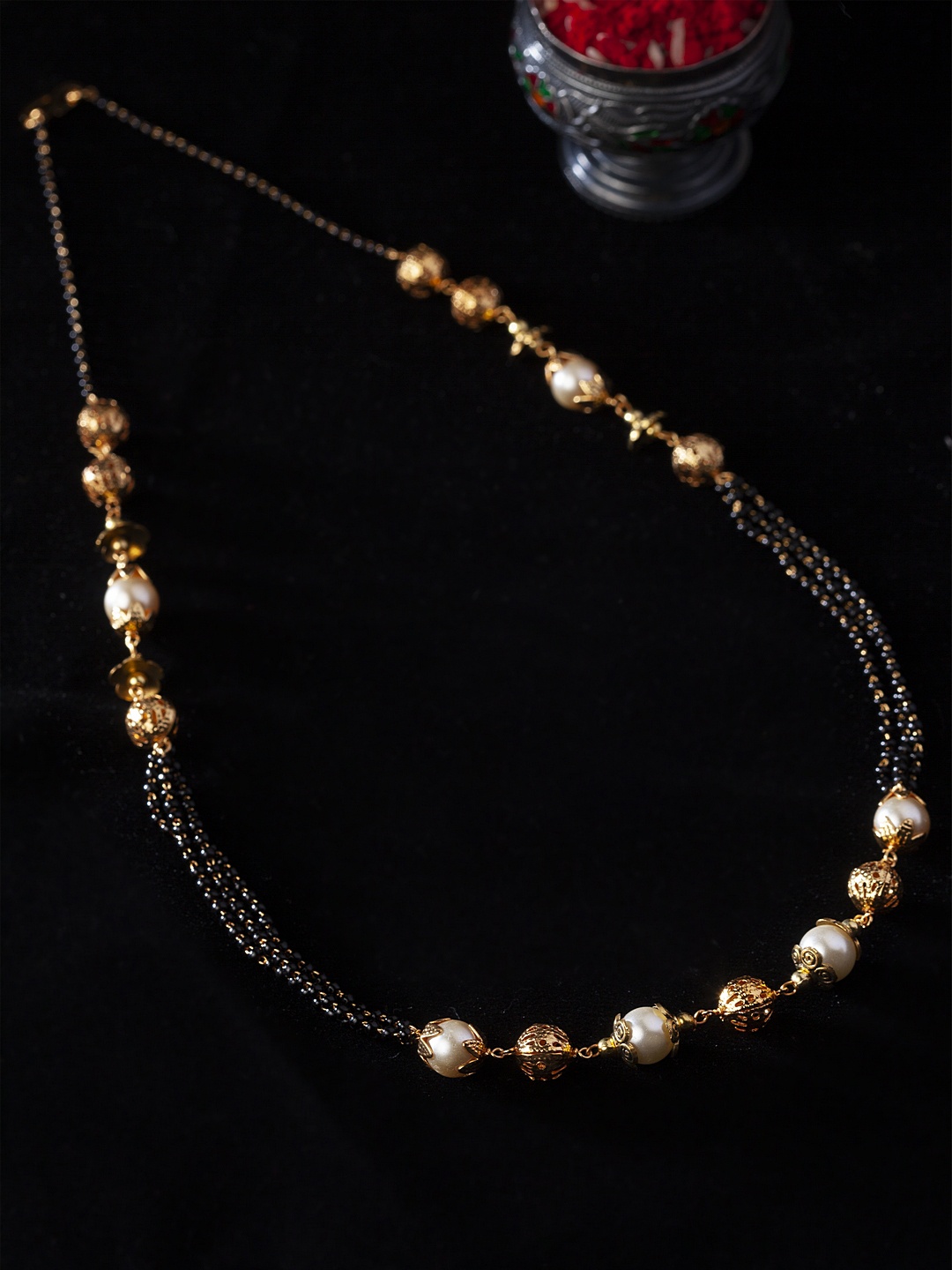 

PANASH Gold-Plated & Beige Pearl & Black Beaded Mangalsutra