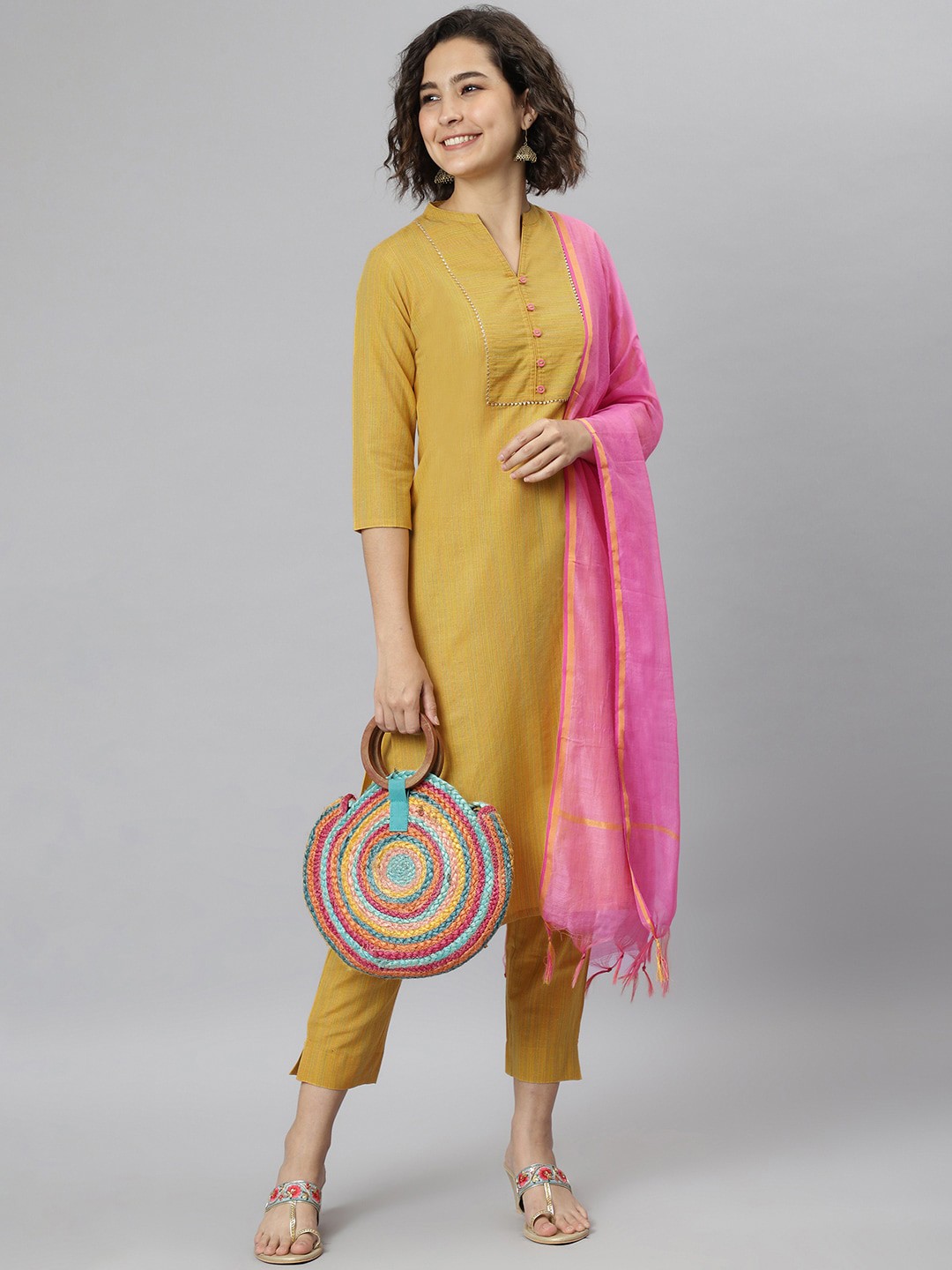 

Janasya Women Yellow High Slit Gotta Patti Pure Cotton Kurta with Trousers & With Dupatta