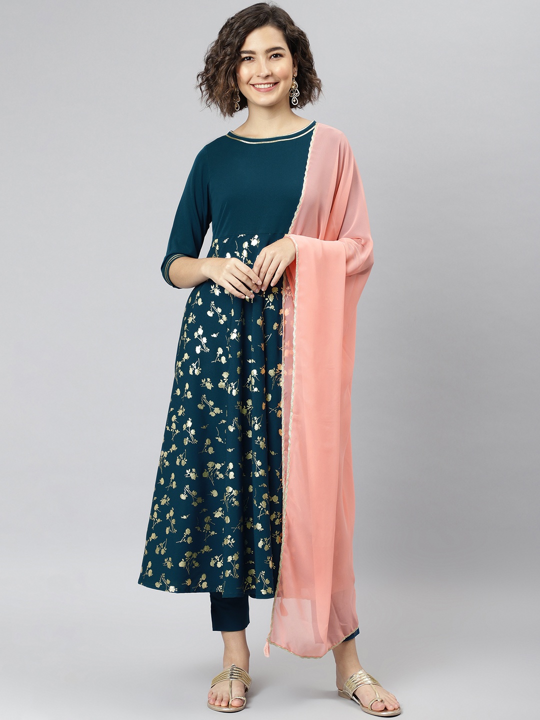 

Janasya Women Teal Green Embroidered Regular Kurta with Trousers & With Dupatta