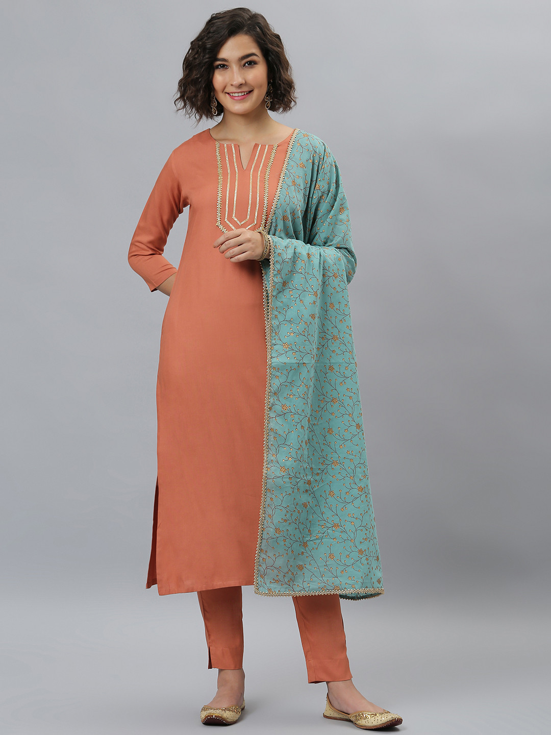 

Janasya Women Coral Pleated Kurta with Trousers & Dupatta