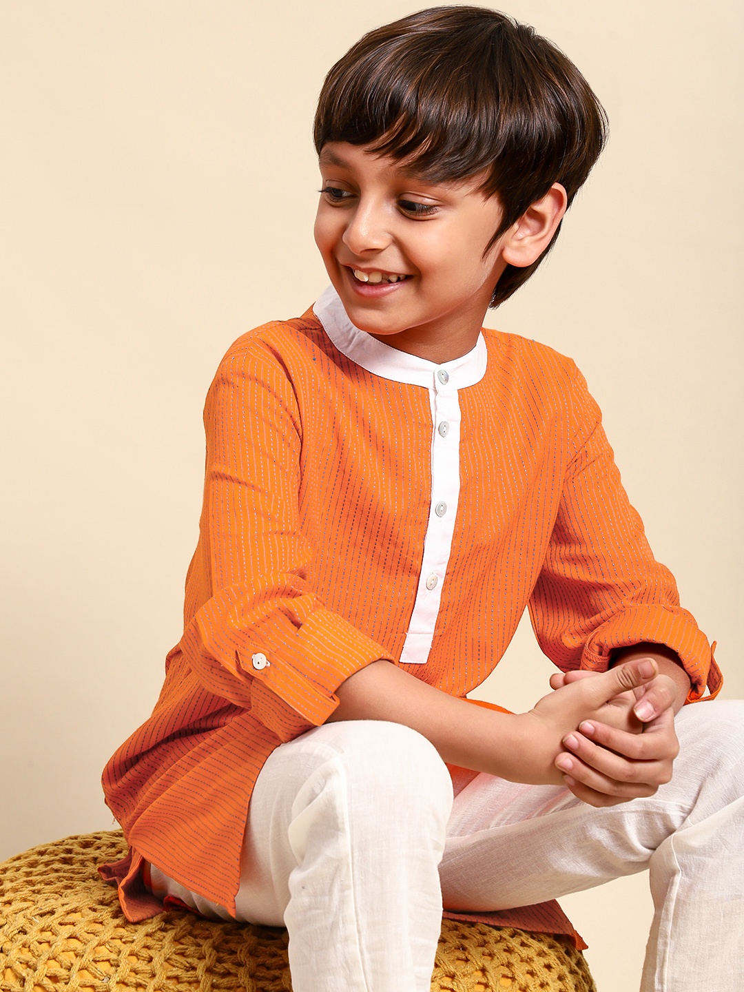 

House of Pataudi Boys Orange Pure Cotton Striped Kurta