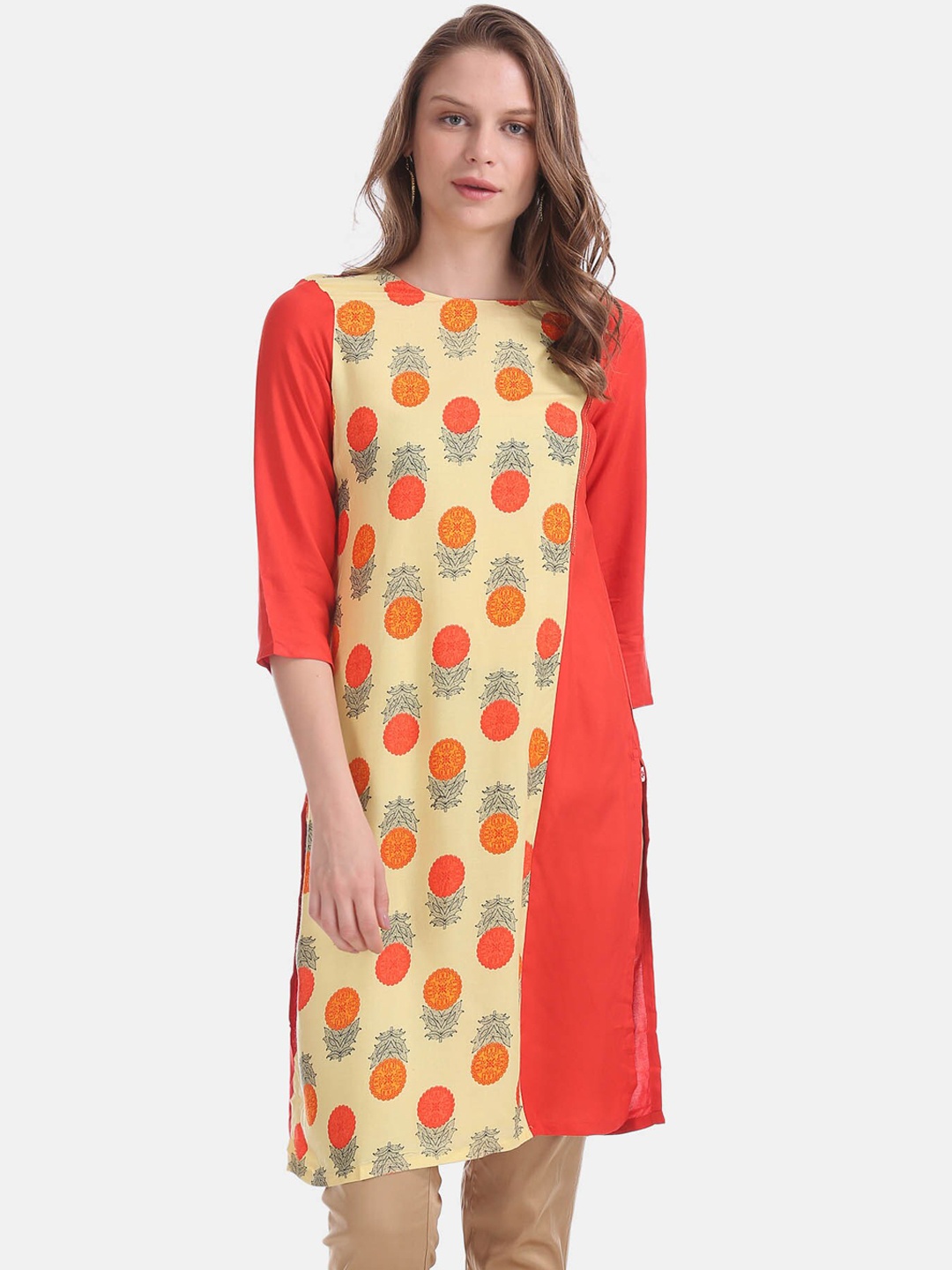 

Karigari Women Orange & Yellow Floral Printed Kurta