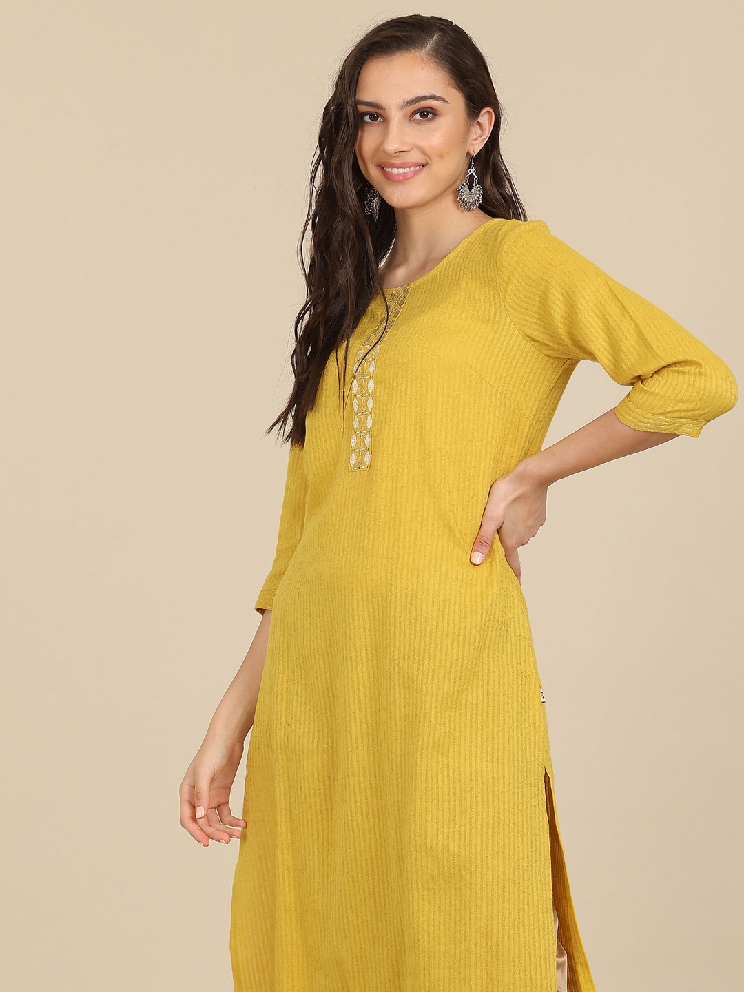 

Karigari Women Yellow Ethnic Motifs Printed Thread Work Kurta