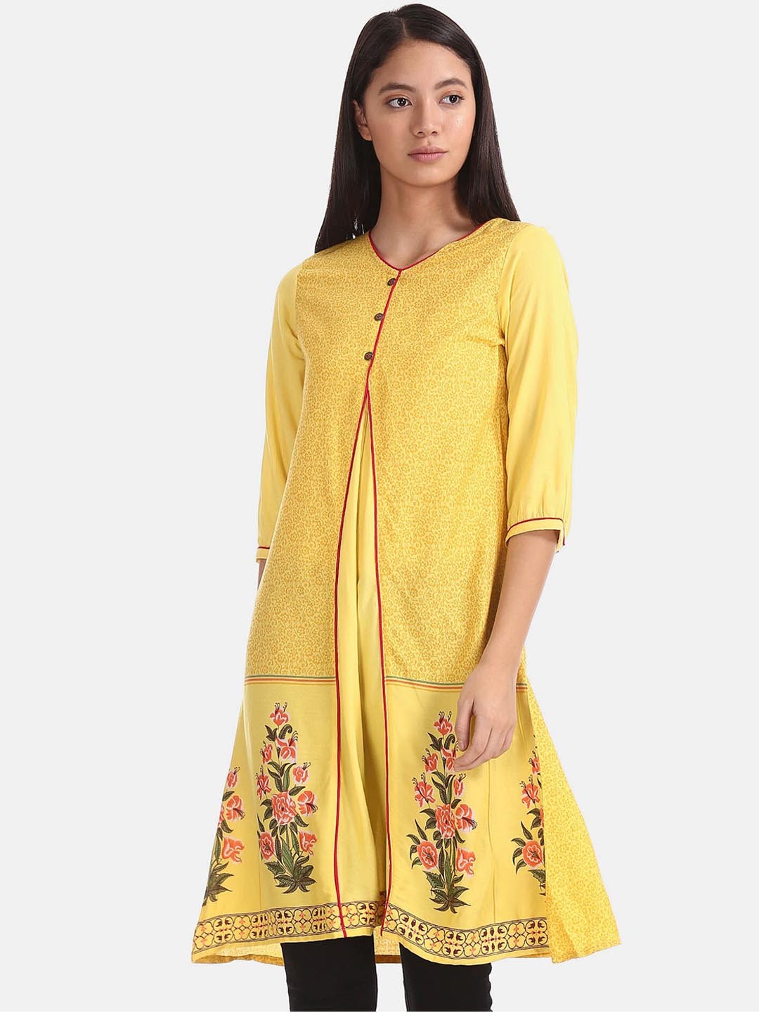 

Karigari Women Yellow Printed Thread Work Kurta