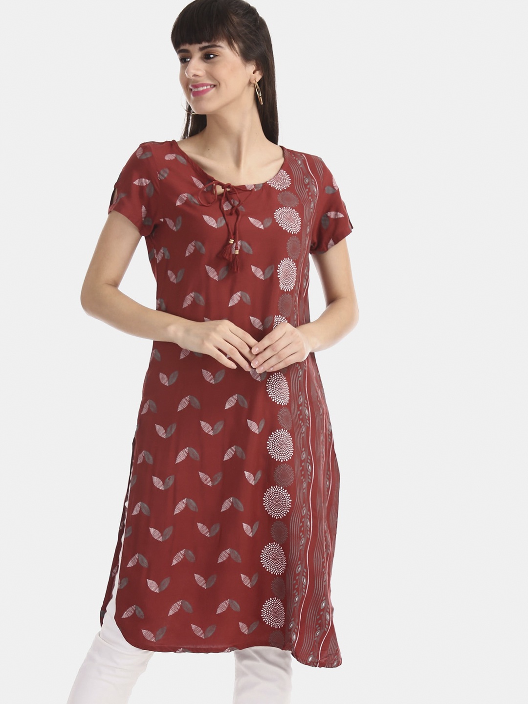 

Karigari Women Red Floral Printed Mirror Work Pathani Kurta