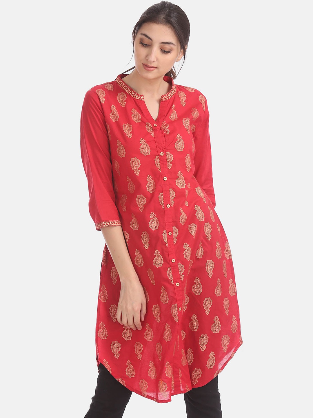 

Karigari Women Red & Gold-Toned Ethnic Motifs Printed Cotton Kurta